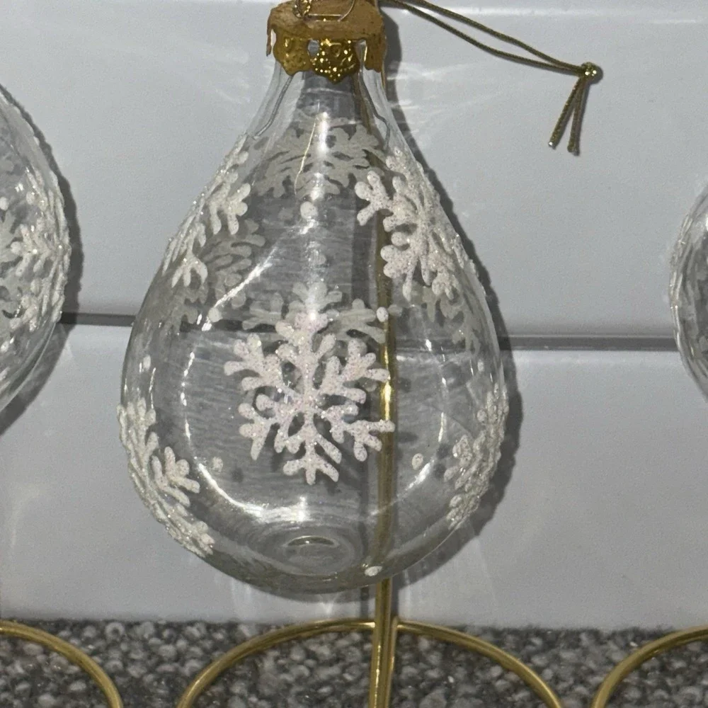 Clear Glass Christmas Ornaments With Glittery Snowflakes Gold Tops Various Shape